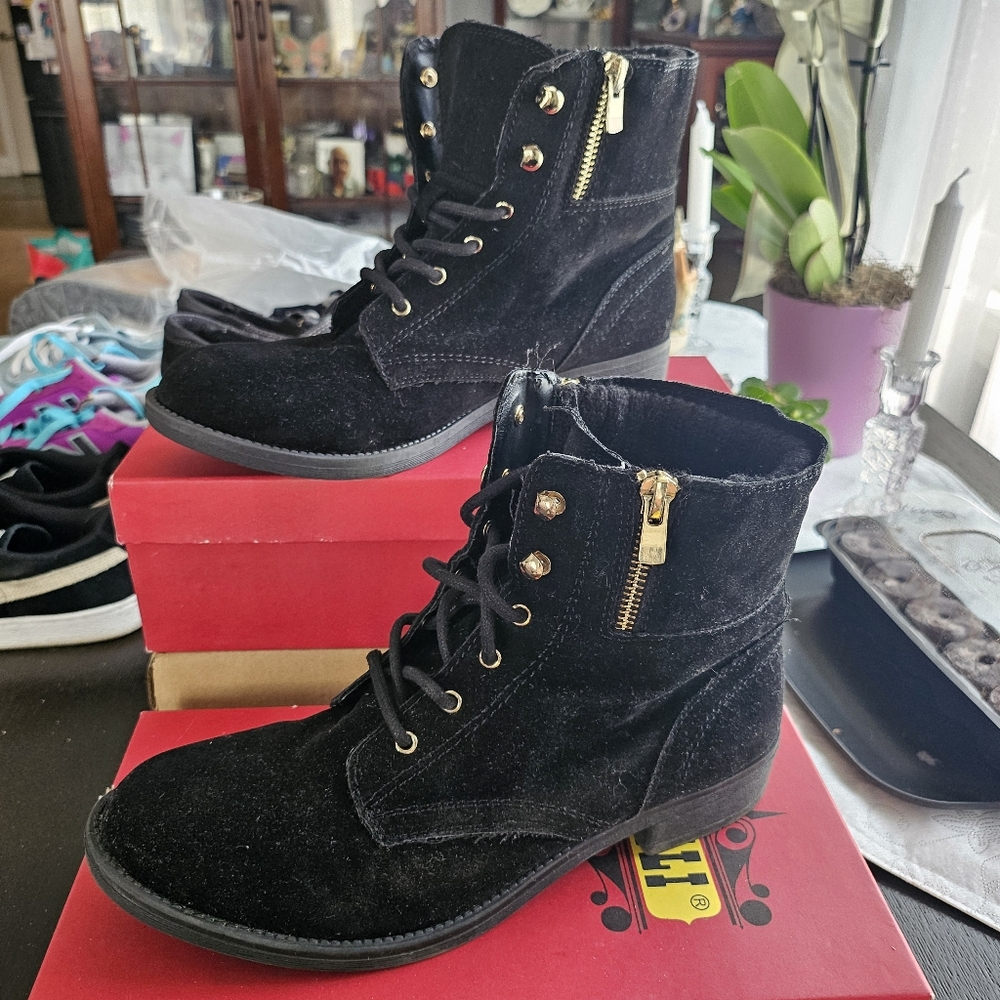 Black Suede Ankle Boots with Gold Accents
